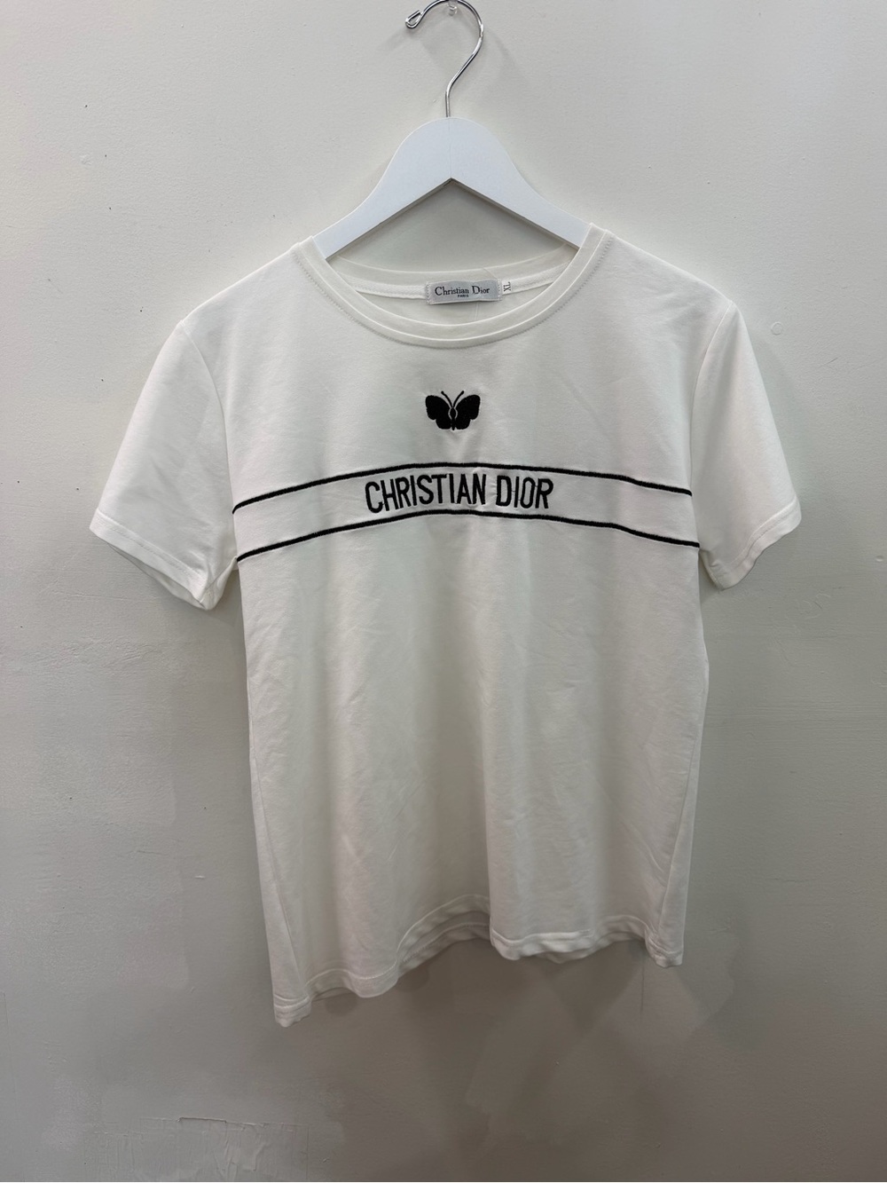 Dior White Short Sleeve Tee with Black Logo Stripe